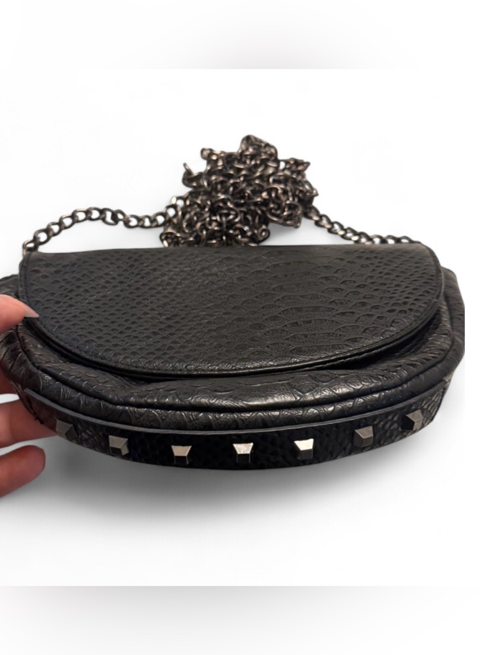 Black Textured Half-Moon Crossbody Bag with Chain Strap